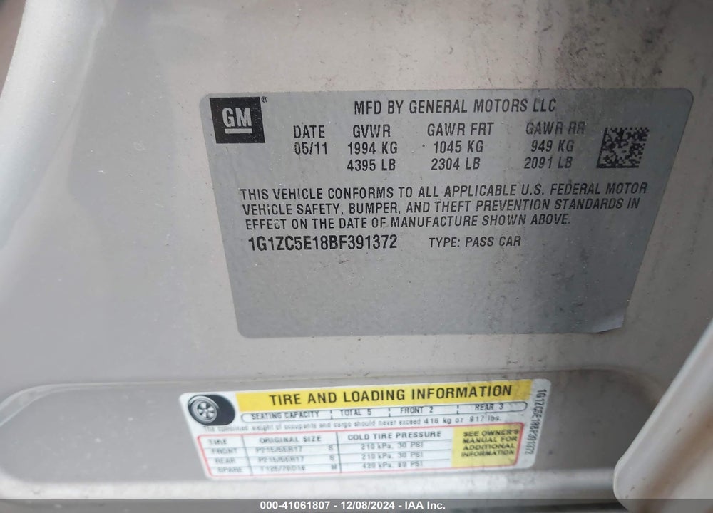 2011 CHEVROLET MALIBU 1LT VIN: 1G1ZC5E18BF391372