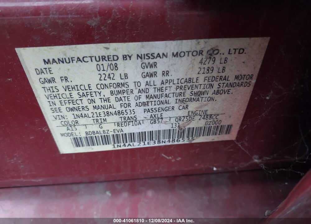 2008 NISSAN ALTIMA 2.5 S VIN: 1N4AL21E38N486535