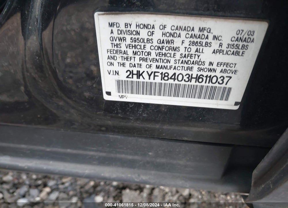 2003 HONDA PILOT EX VIN: 2HKYF18403H611037