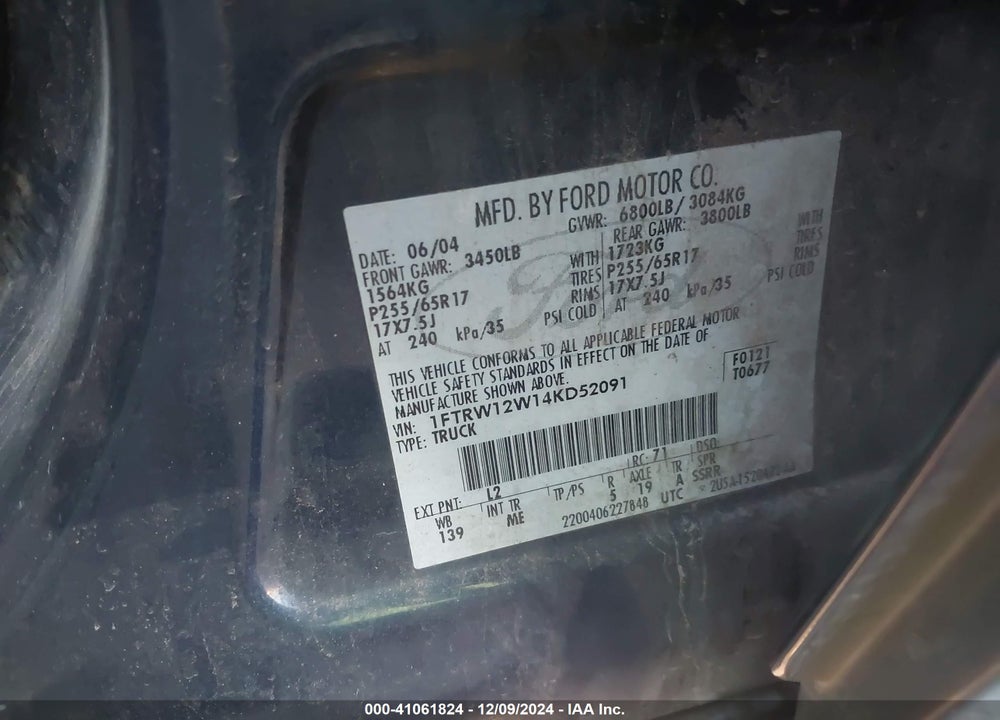 2004 FORD F-150 XLT VIN: 1FTRW12W14KD52091