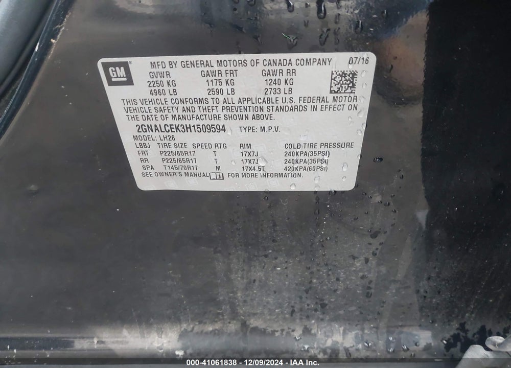 2017 CHEVROLET EQUINOX LT VIN: 2GNALCEK3H1509594