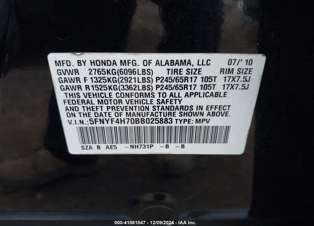 2011 HONDA PILOT EX-L VIN: 5FNYF4H70BB025883