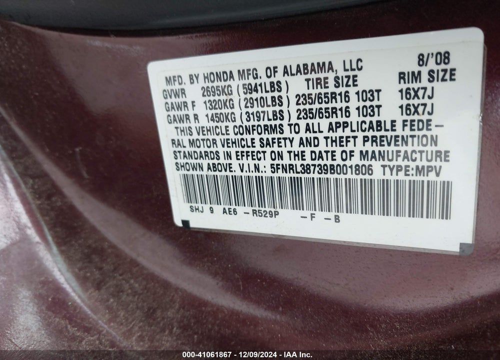 2009 HONDA ODYSSEY EX-L VIN: 5FNRL38739B001806