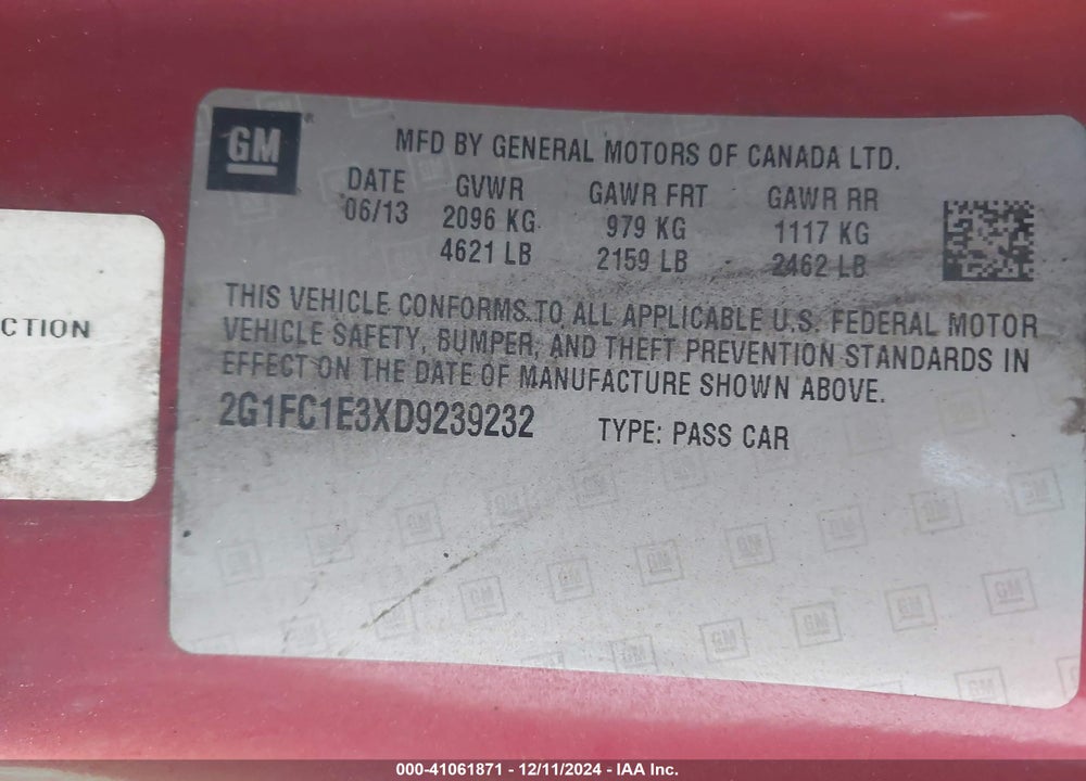 2013 CHEVROLET CAMARO VIN: 2G1FC1E3XD9239232