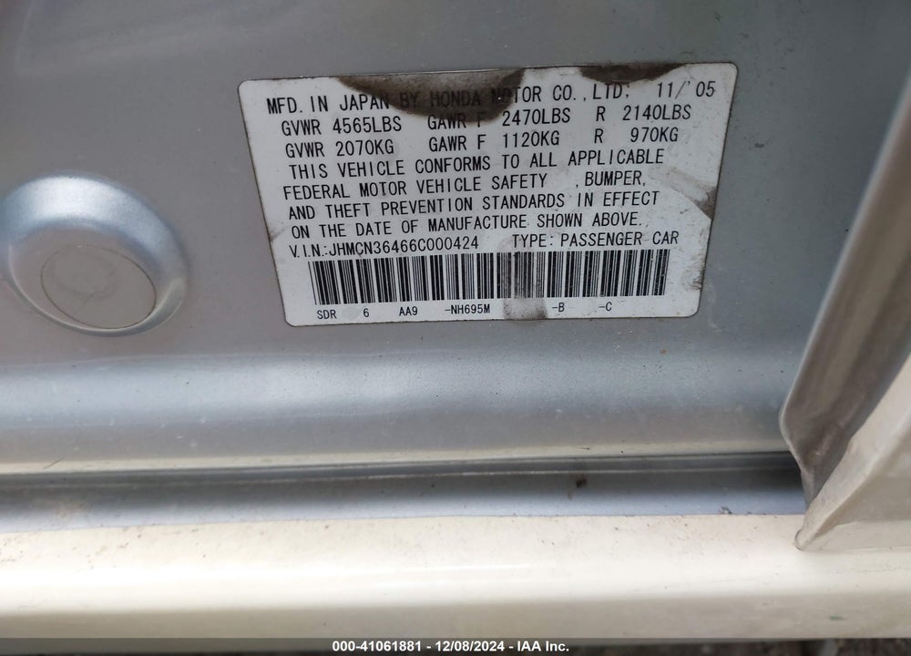 2006 HONDA ACCORD HYBRID VIN: JHMCN36466C000424
