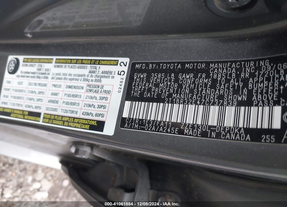 2007 TOYOTA COROLLA CE VIN: 2T1BR32E47C737839