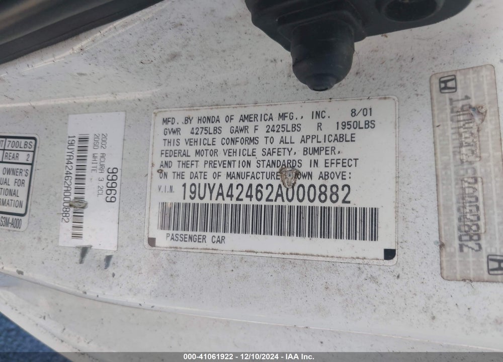 2002 ACURA CL 3.2 VIN: 19UYA42462A000882