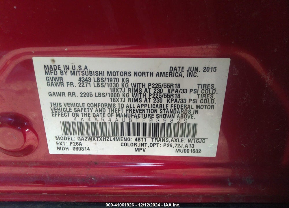2015 MITSUBISHI OUTLANDER SPORT SE VIN: 4A4AR4AU8FE039829