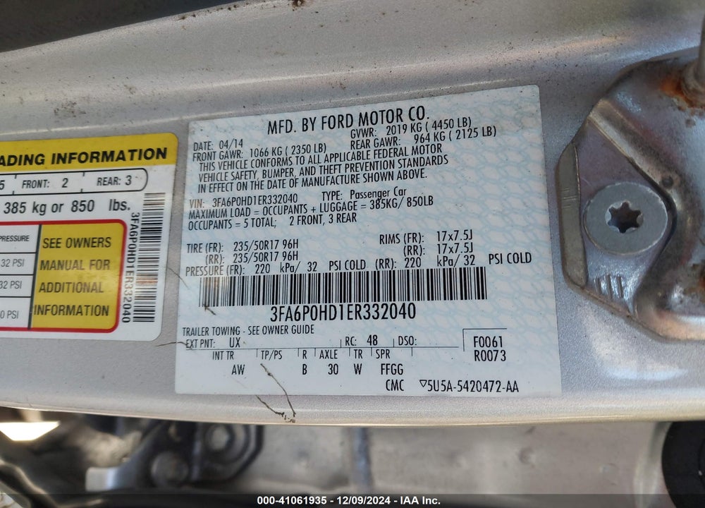 2014 FORD FUSION SE VIN: 3FA6P0HD1ER332040
