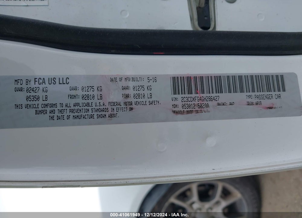 2016 DODGE CHARGER SE VIN: 2C3CDXFG4GH286427