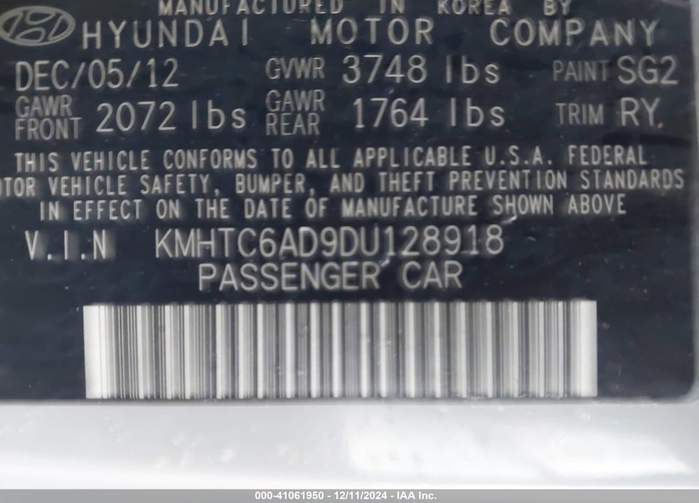 2013 HYUNDAI VELOSTER MIX VIN: KMHTC6AD9DU128918