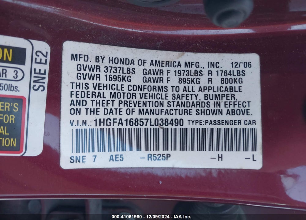 2007 HONDA CIVIC EX VIN: 1HGFA16857L038490