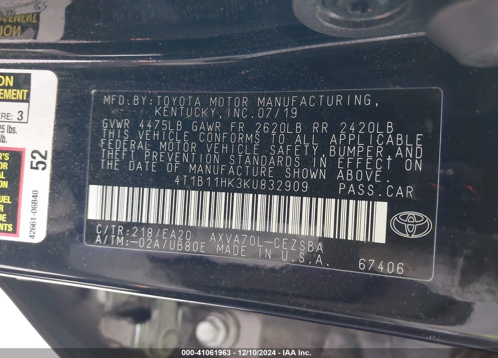 2019 TOYOTA CAMRY SE VIN: 4T1B11HK3KU832909