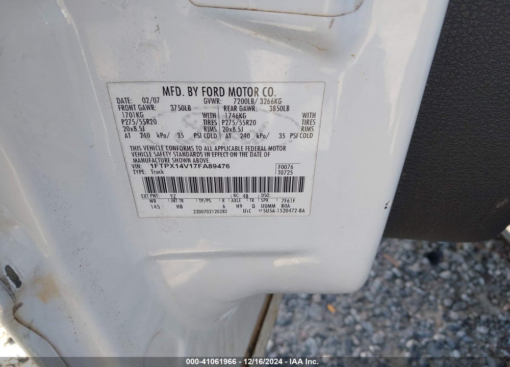 2007 FORD F-150 FX4/LARIAT/XL/XLT VIN: 1FTPX14V17FA89476