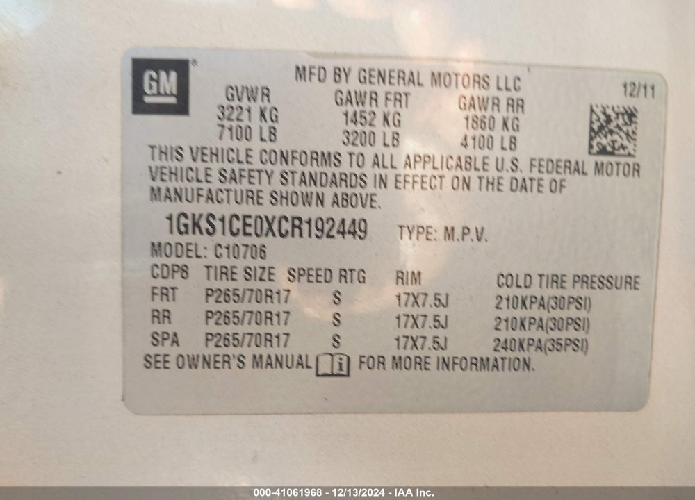 2012 GMC YUKON SLT VIN: 1GKS1CE0XCR192449