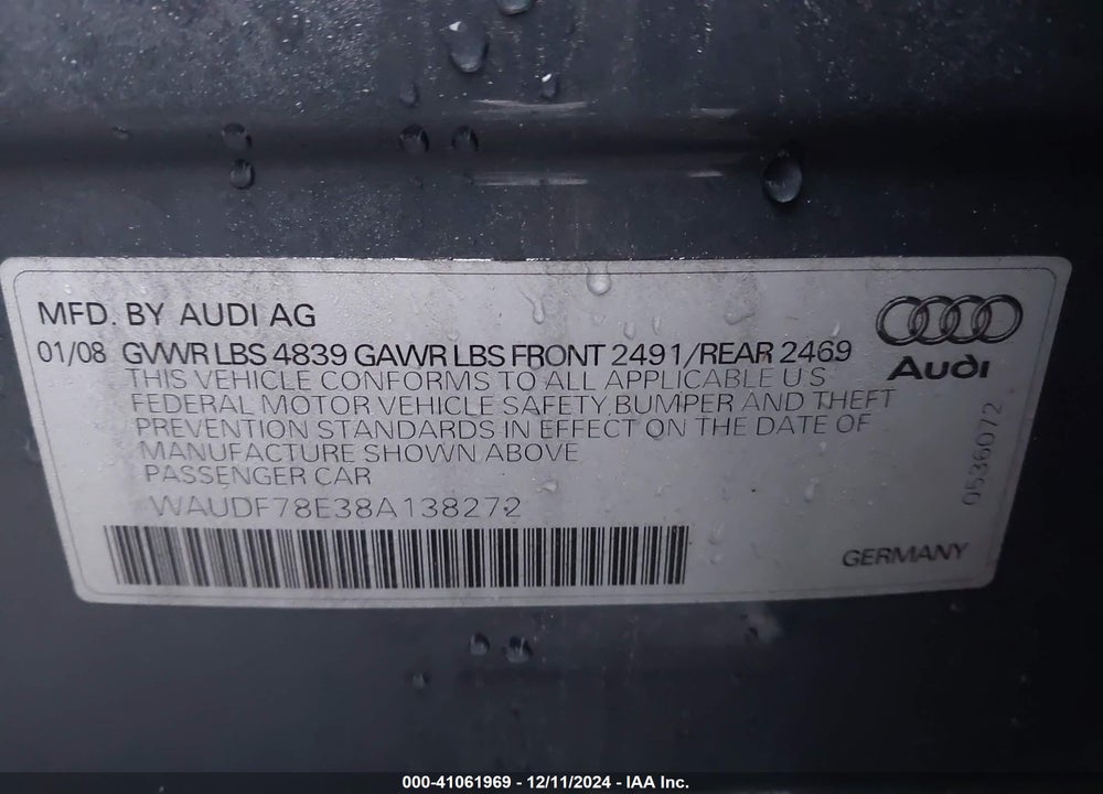 2008 AUDI A4 2.0T/2.0T SPECIAL EDITION VIN: WAUDF78E38A138272