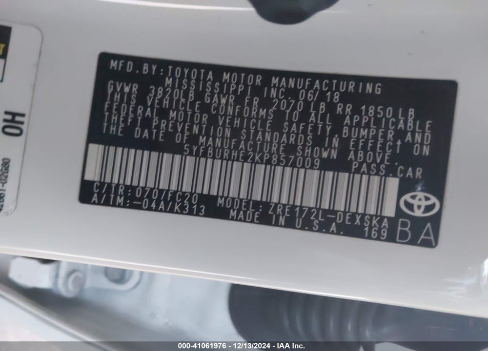 2019 TOYOTA COROLLA SE VIN: 5YFBURHE2KP857009