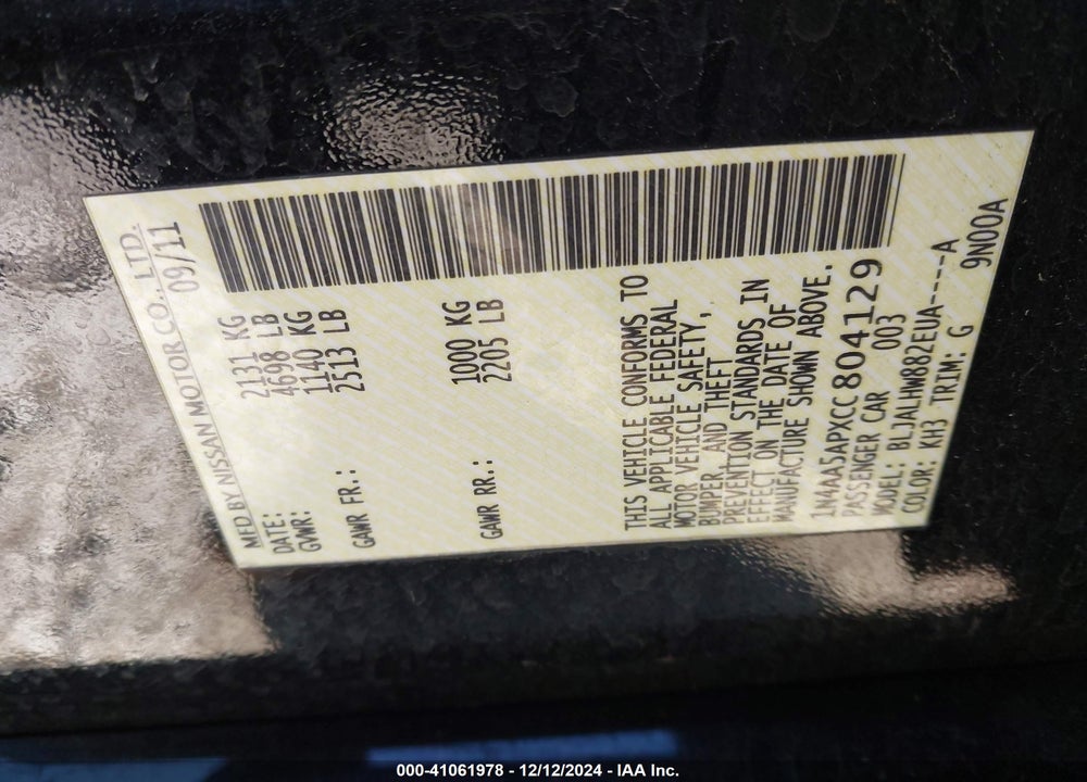 2012 NISSAN MAXIMA 3.5 SV VIN: 1N4AA5APXCC804129