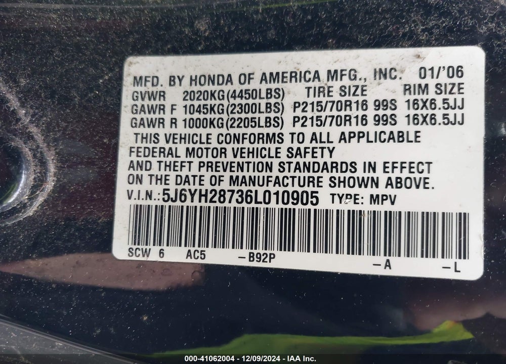 2006 HONDA ELEMENT EX-P VIN: 5J6YH28736L010905