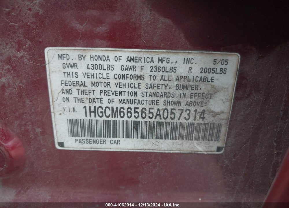 2005 HONDA ACCORD 3.0 EX VIN: 1HGCM66565A057314