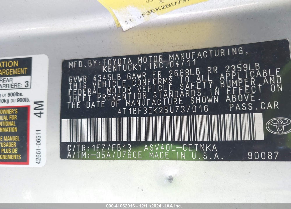 2011 TOYOTA CAMRY VIN: 4T1BF3EK2BU737016