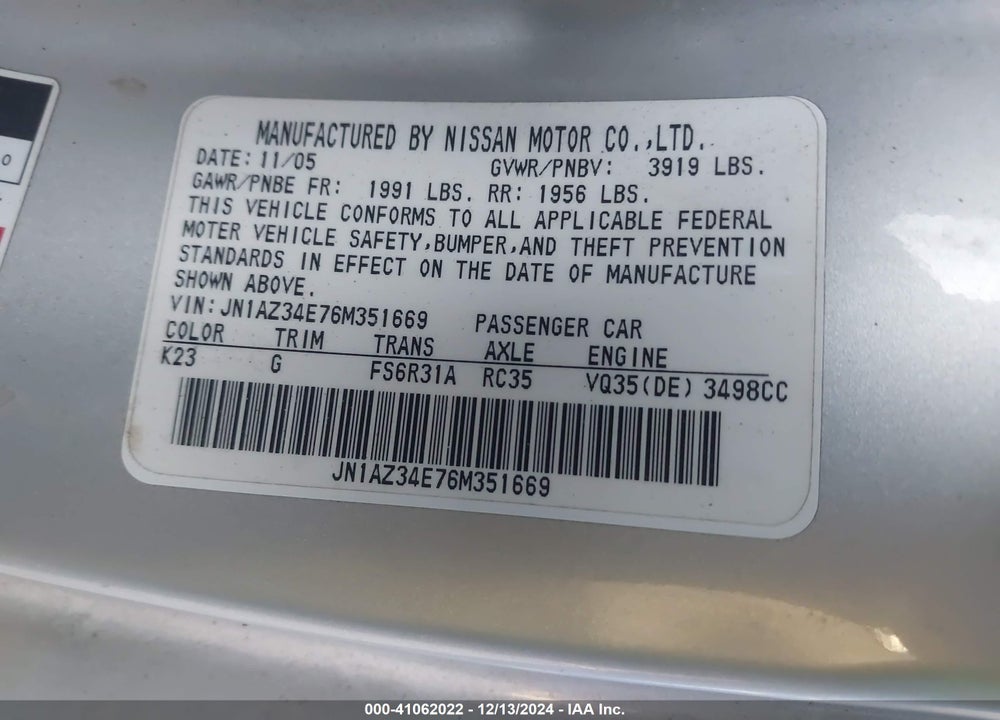 2006 NISSAN 350Z TOURING VIN: JN1AZ34E76M351669