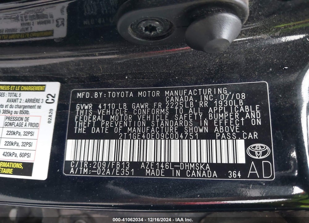 2009 TOYOTA MATRIX XRS VIN: 2T1GE40E09C004751