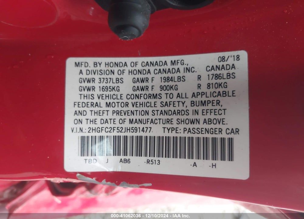 2018 HONDA CIVIC LX VIN: 2HGFC2F52JH591477