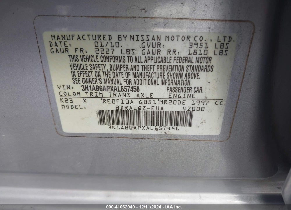 2010 NISSAN SENTRA 2.0 VIN: 3N1AB6APXAL657456