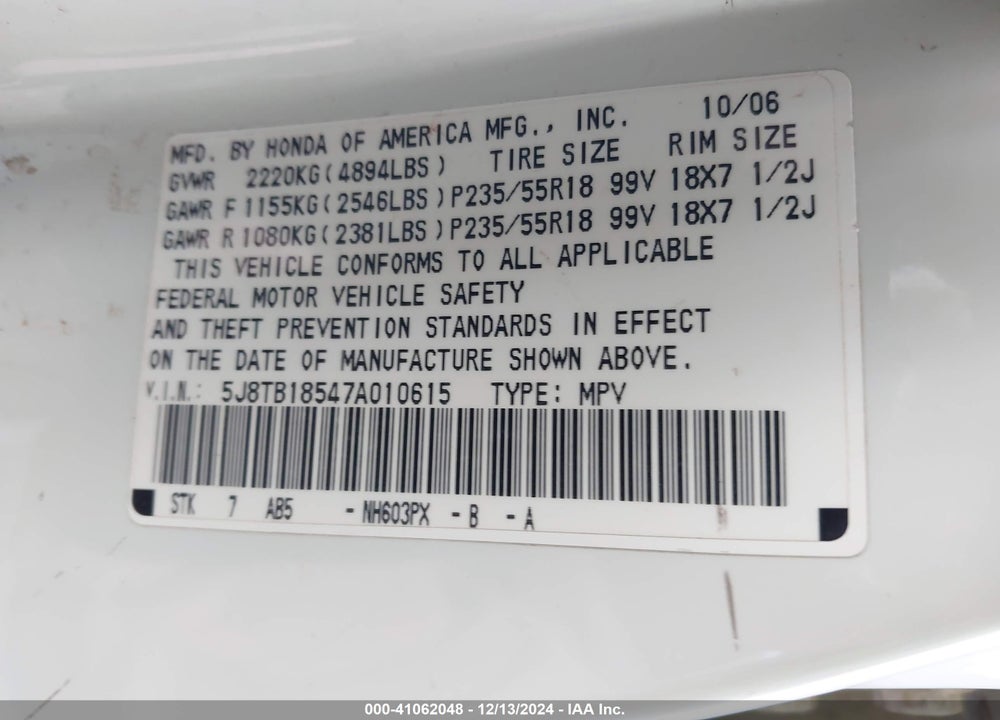 2007 ACURA RDX VIN: 5J8TB18547A010615