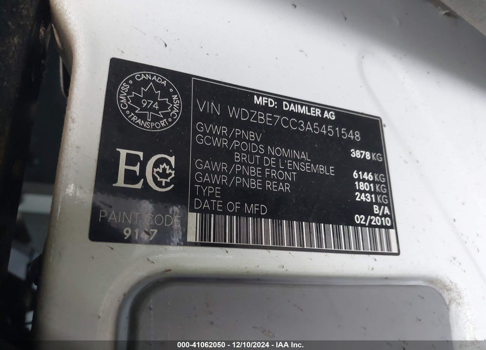 2010 MERCEDES-BENZ SPRINTER PASSENGER VANS VIN: WDZBE7CC3A5451548