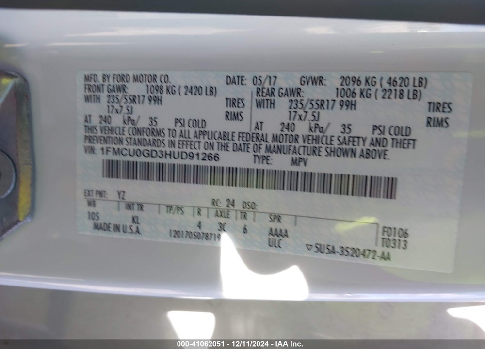 2017 FORD ESCAPE SE VIN: 1FMCU0GD3HUD91266