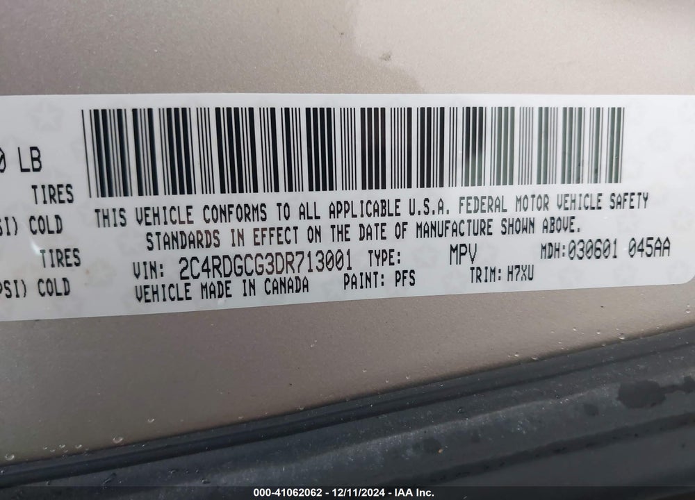2013 DODGE GRAND CARAVAN SXT VIN: 2C4RDGCG3DR713001