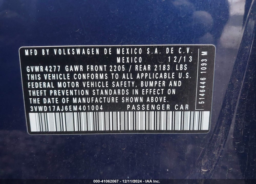 2014 VOLKSWAGEN JETTA 1.8T SE VIN: 3VWD17AJ6EM401004