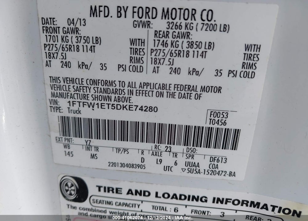 2013 FORD F-150 XLT VIN: 1FTFW1ET5DKE74280