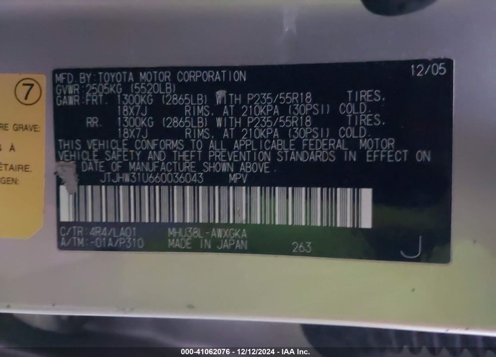 2006 LEXUS RX 400H VIN: JTJHW31U660036043