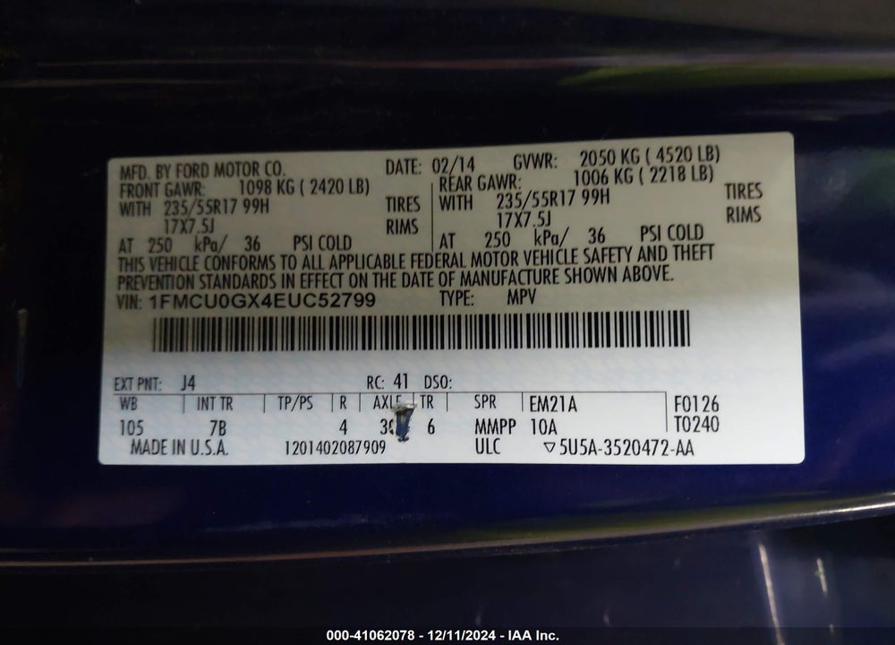2014 FORD ESCAPE SE VIN: 1FMCU0GX4EUC52799