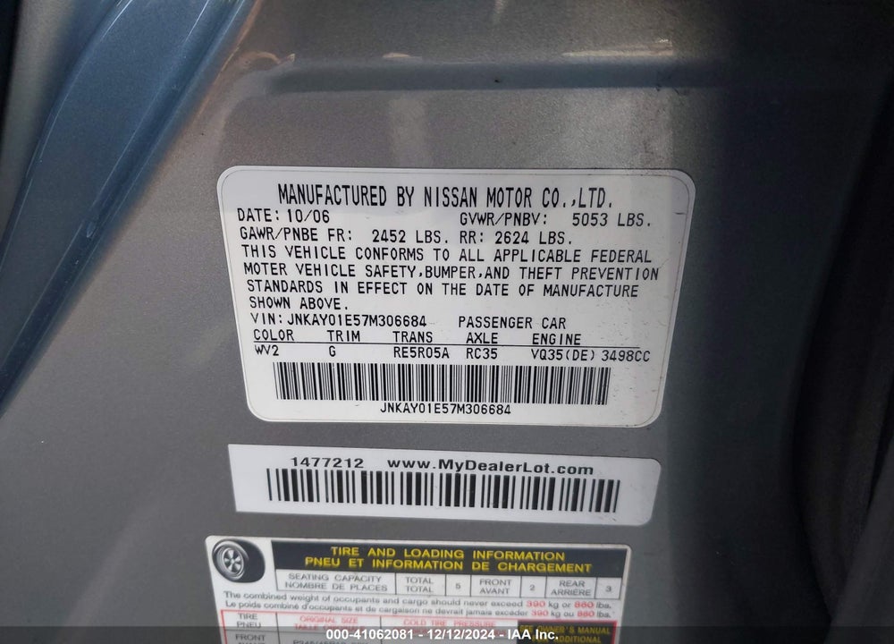 2007 INFINITI M35 VIN: JNKAY01E57M306684