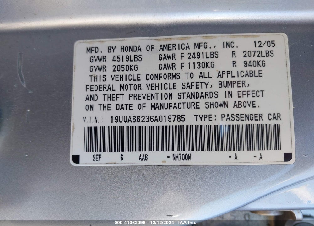 2006 ACURA TL VIN: 19UUA66236A019785