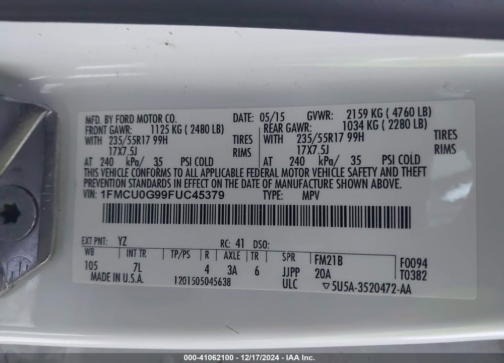 2015 FORD ESCAPE SE VIN: 1FMCU0G99FUC45379