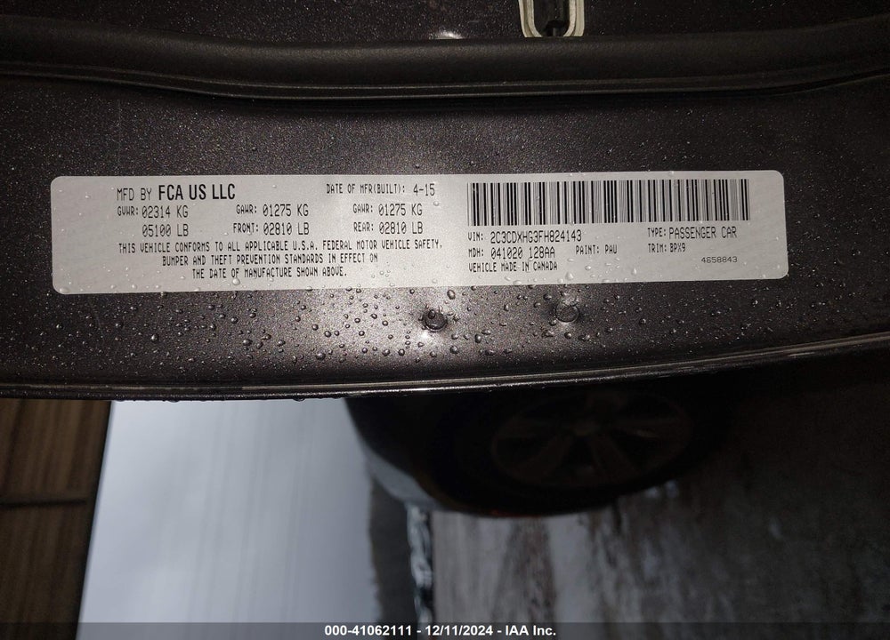 2015 DODGE CHARGER SXT VIN: 2C3CDXHG3FH824143