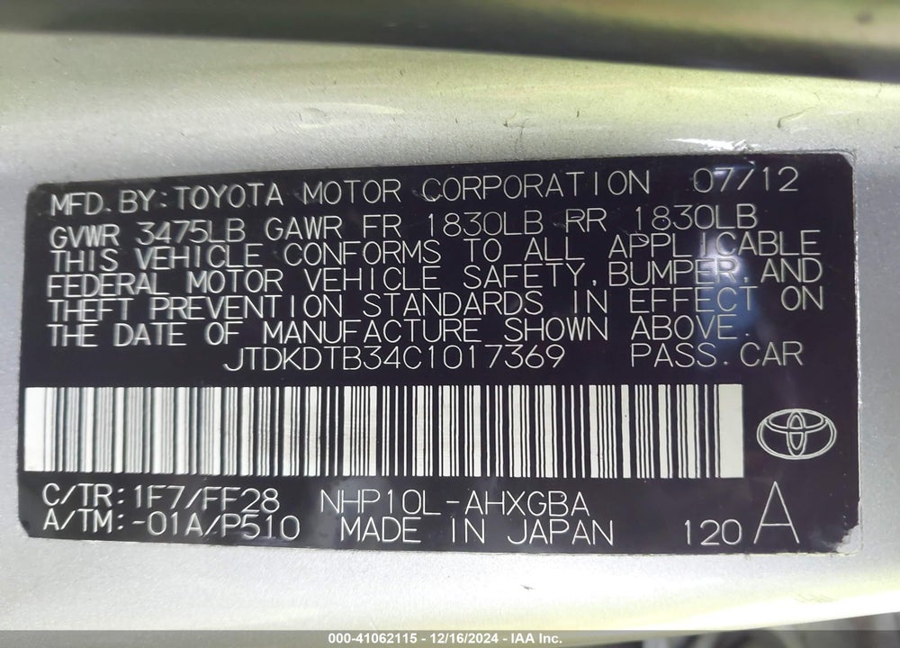 2012 TOYOTA PRIUS C THREE VIN: JTDKDTB34C1017369