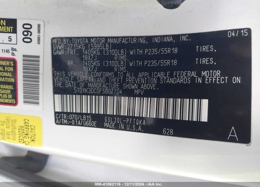 2015 TOYOTA SIENNA LIMITED 7 PASSENGER VIN: 5TDYK3DC0FS607704
