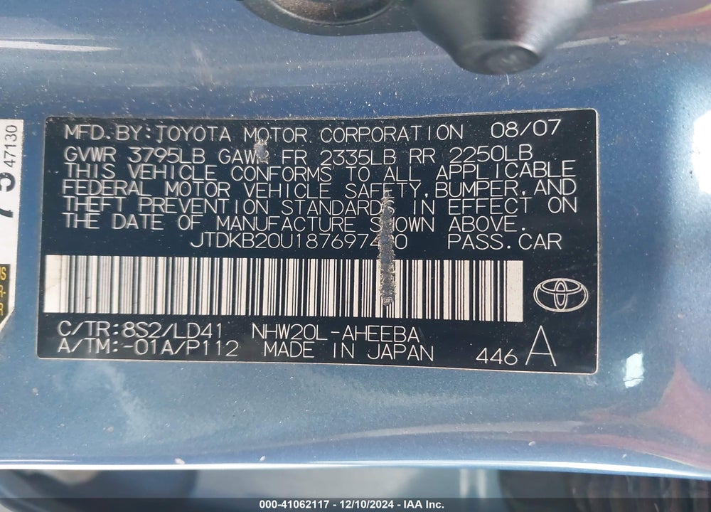 2008 TOYOTA PRIUS VIN: JTDKB20U187697490