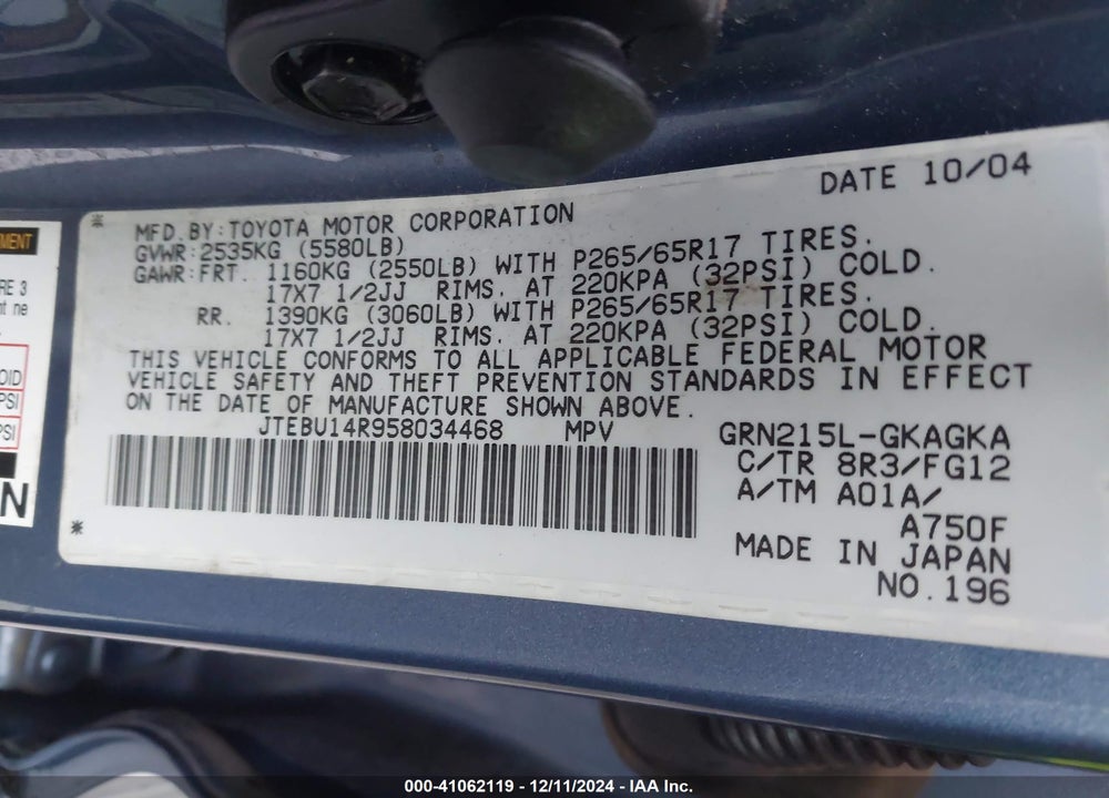 2005 TOYOTA 4RUNNER SR5 V6 VIN: JTEBU14R958034468