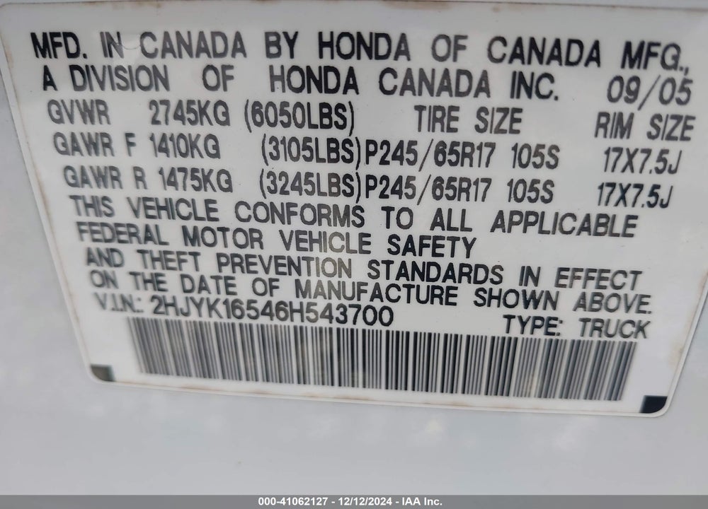 2006 HONDA RIDGELINE RTL VIN: 2HJYK16546H543700