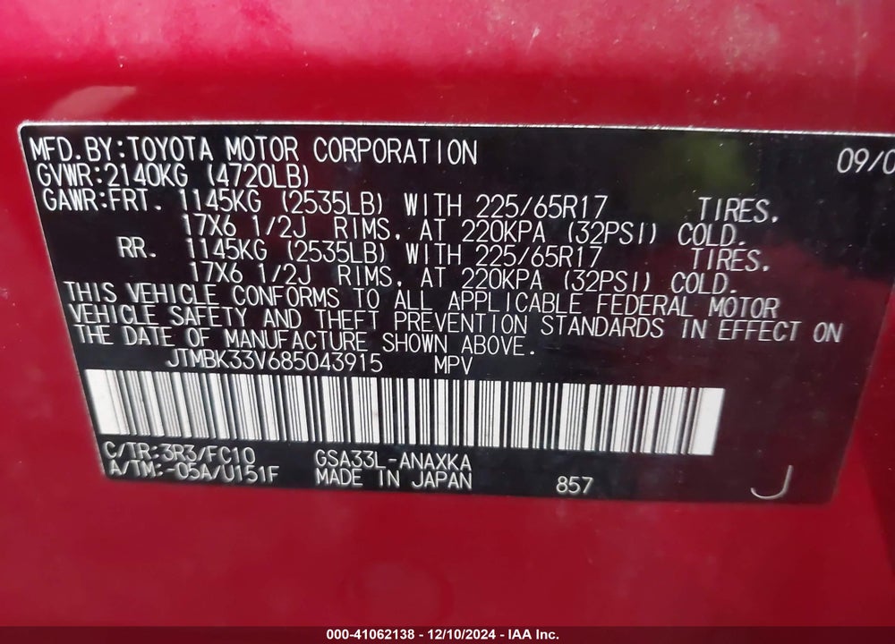 2008 TOYOTA RAV4 BASE V6 VIN: JTMBK33V685043915