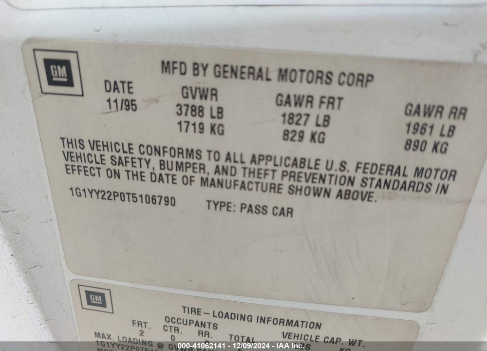 1996 CHEVROLET CORVETTE VIN: 1G1YY22P0T5106790