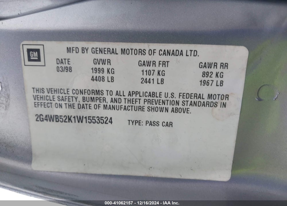 1998 BUICK REGAL LS VIN: 2G4WB52K1W1553524