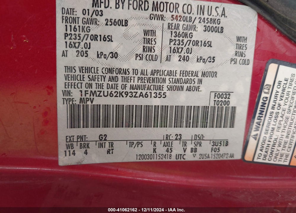 2003 FORD EXPLORER XLS VIN: 1FMZU62K93ZA61355